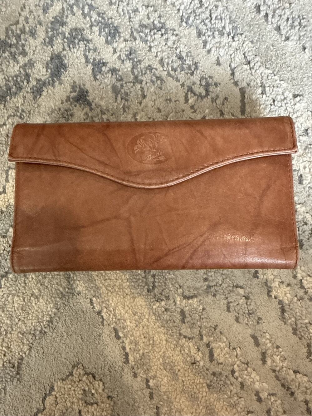 Buxton Brown Leather Credit Card Kisslock Pocket Trifold Long Wallet 4x7.5